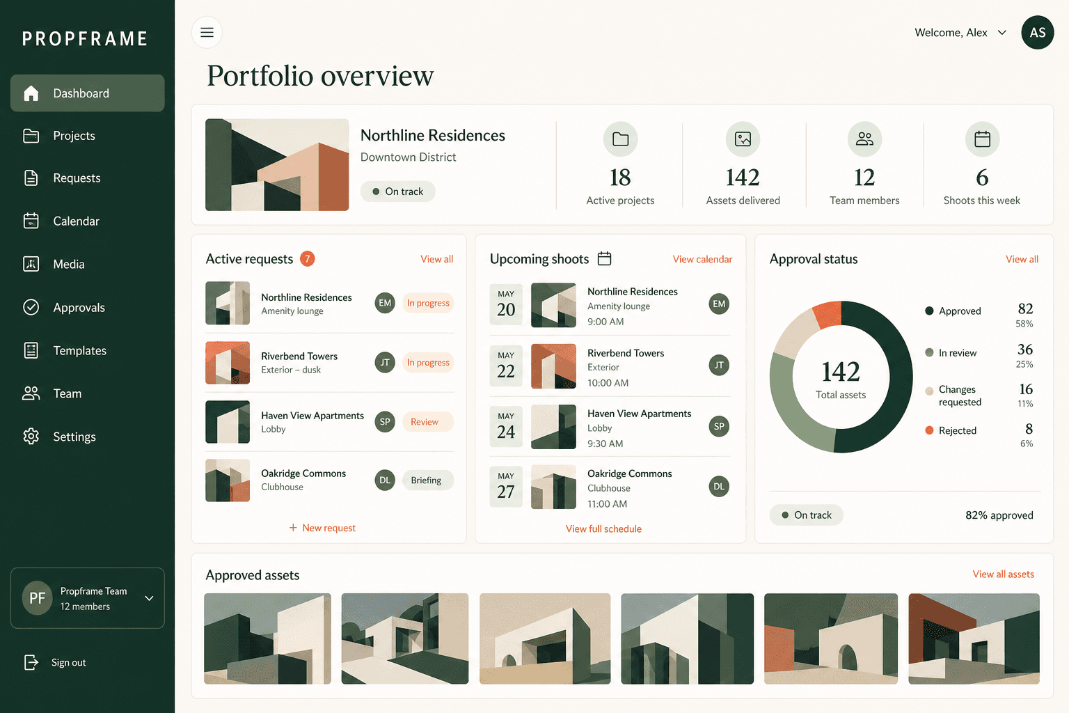 PROPFRAME company dashboard showing projects, media requests, upcoming shoots, approval status, and approved assets